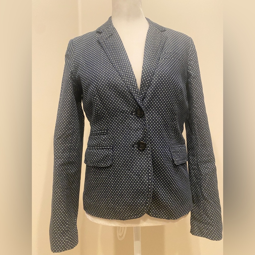 J. Crew Schoolboy Navy& White Polka Dot Blazer, double buttons, pockets, Size 0